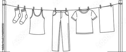 Clothesline with hanging clothes vector illustration outline