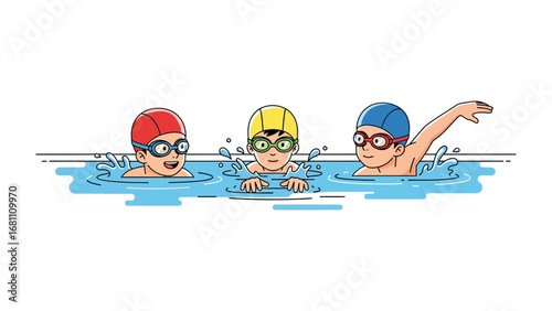 Water Warriors: A vibrant illustration capturing a trio of spirited individuals, each a dedicated swimmer, navigating the refreshing coolness of a competition pool with energy and zest.