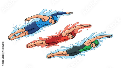 The Swimmers' Pursuit: Three competitive swimmers race through water with their hands extended to display pure sportsmanship, capturing the essence of dedication and athletic drive.