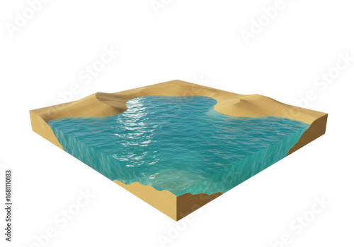 Isolated section of earth with a lake showing the different levels of sand and water cutaway