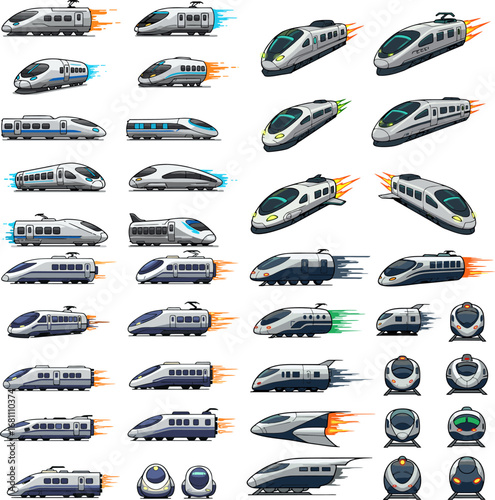 Pixel art high-speed train set, displaying modern rail transport designs with dynamic motion. Retro-style digital illustrations for games and graphic assets