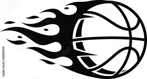 A stylized black and white image of a basketball with flames trailing behind it on a white background