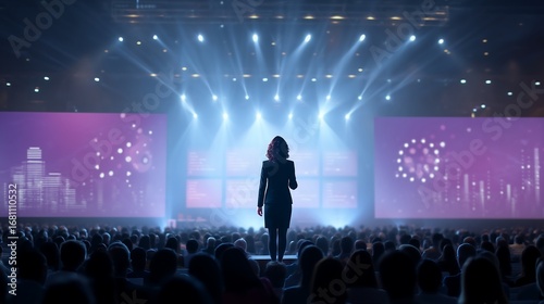 Speaker on Stage at Conference with Audience and Bright Lights