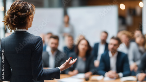 Businesswoman Leading a Seminar with Audience Engagement