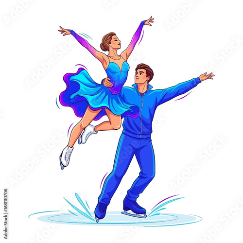 Dynamic Duo on Ice: A pair of skilled figure skaters execute a graceful lift, embodying elegance and athleticism in a vibrant illustration.