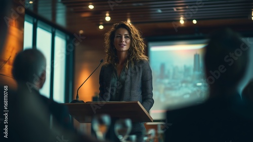Confident Businesswoman Delivering a Presentation at a Corporate Conference