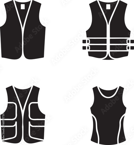 Safety Vest Silhouettes Set in 2x2 Grid – Vector Icons of Reflective, Utility, Protective, and Sports Vests on White Background