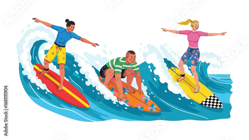 Surfing Together: Three surfers masterfully ride the cresting waves, gliding effortlessly across the water surface. A vibrant depiction of summer leisure and the exhilaration of water sports.
