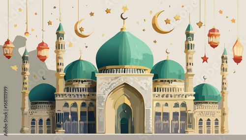 Festive Islamic holiday illustration featuring a beautiful mosque with green domes, surrounded by hanging lanterns, crescent moons, and stars for Ramadan or Eid celebrations