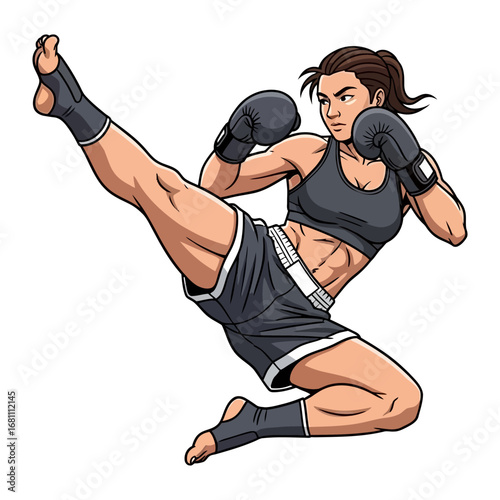 Dynamic Strike: This illustration shows a focused athlete, executing a powerful kick, embodies the strength and precision of martial arts. This image captures the dynamism and intensity of sport.