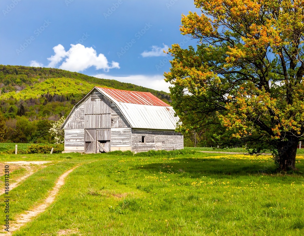 Obraz premium Rustic barn in a spring meadow