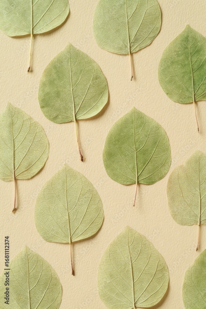 Fototapeta premium A clean and delicate flat lay of pressed light green leaves arranged evenly on a soft beige background, ideal for eco-inspired design and decoration.
