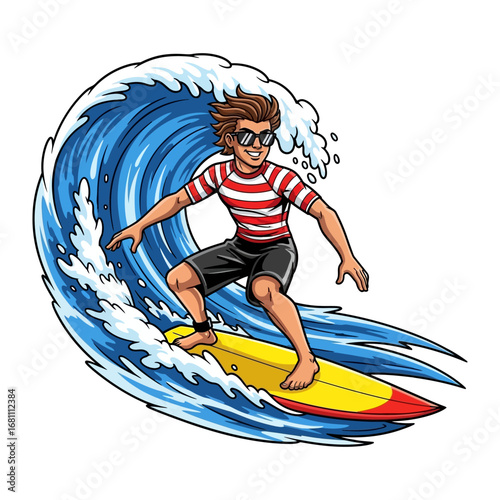 Ride the Wave: A surfer rides a towering wave with skill, capturing the thrill of surfing in a vivid illustration. The ocean's power and a surfer's determination are perfectly synchronized.