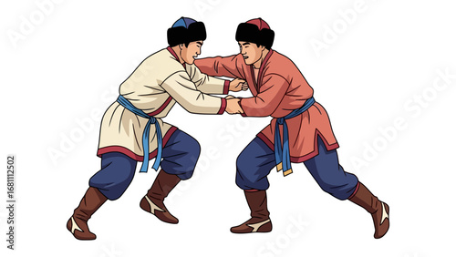 Wrestlers in Action: Capturing a moment of intense combat and strategic positioning, two wrestlers face off in a battle of strength, skill, and cultural tradition.
