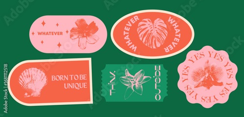 Sticker Pack. Collection of trendy pins. Set of photocopy patches vector design. Abstract retro badges.