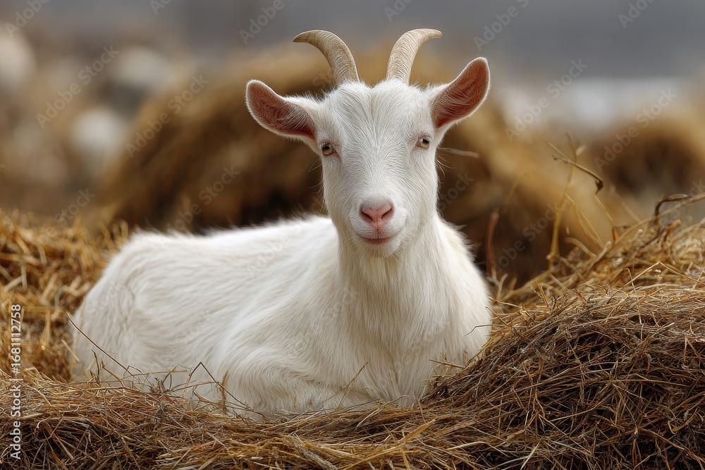 Obraz premium A white goat resting on a haystack against a natural backdrop
