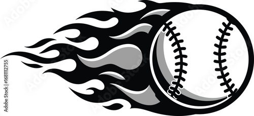 A graphic illustration of a baseball with flames trailing behind it in black and white colors