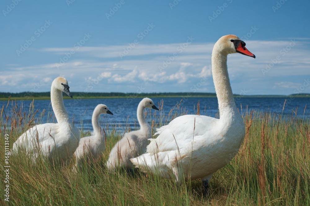 Obraz premium A group of white swans on lakeside grass under a blue sky