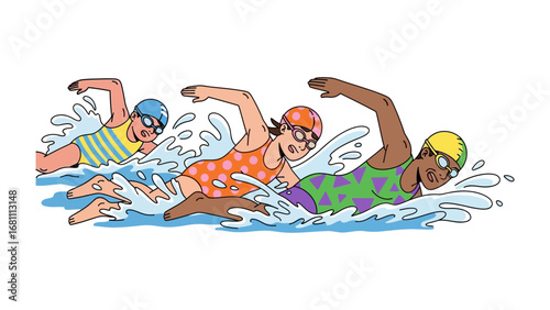 Trio of Swimmers: A dynamic illustration of three swimmers cutting through the water with determination and grace, celebrating the essence of aquatic competition.
