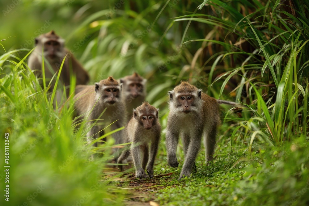 Naklejka premium A group of macaques frolicking in nature
