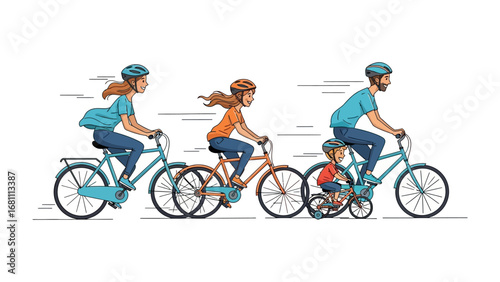 Family Cycling Fun: A joyful family of four, each sporting helmets, enjoys a leisurely bike ride together. capturing the essence of family bond and outdoor adventure.