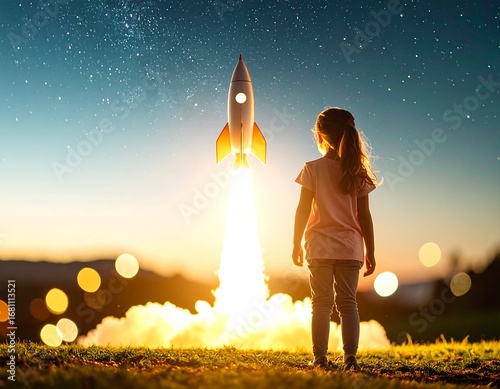 Young girl watches a rocket launch into the starry sky at sunset child