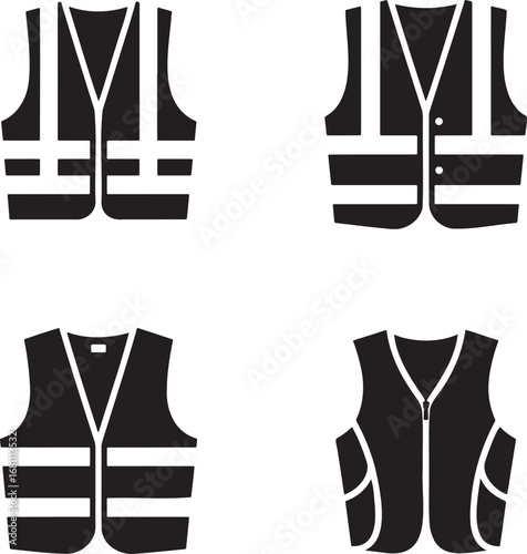 Safety Vest Silhouettes Set in 2x2 Grid – Vector Icons of Reflective, Utility, Protective, and Sports Vests on White Background