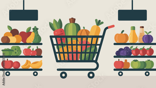 A shopping cart filled with fruits and vegetables in a grocery store with shelves of produce around it