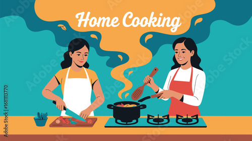 Two women cooking together in a kitchen preparing food with a pot and vegetables on a counter top