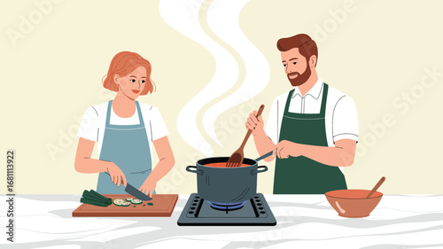 A couple cooking together with woman chopping vegetables and man stirring a pot on the stove top