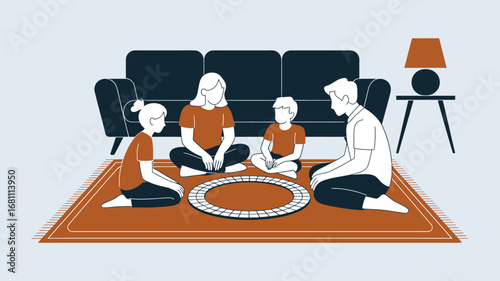 A family playing a board game together on a rug in their living room with a couch and a lamp nearby