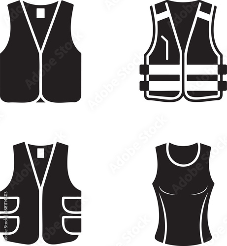 Safety Vest Silhouettes Set in 2x2 Grid – Vector Icons of Reflective, Utility, Protective, and Sports Vests on White Background