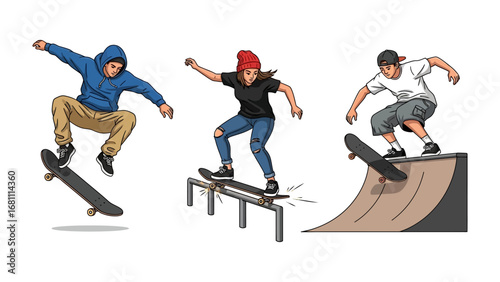 Skateboarders in Action: Capturing the energy and artistry of skateboarding, this vibrant illustration showcases three individuals executing daring tricks and maneuvers on their skateboards.