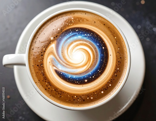 Close up view of a white coffee cup with latte art resembling a galaxy swirl and sprinkles