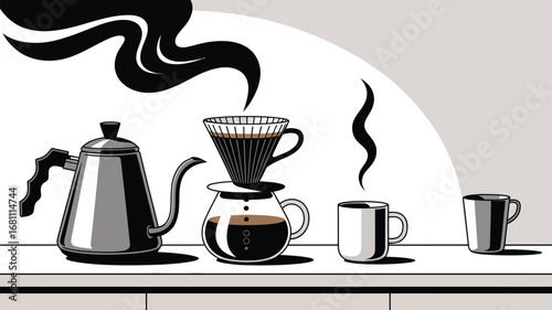 Illustration of a coffee brewing setup with kettle, pour over, and two mugs on a countertop scene