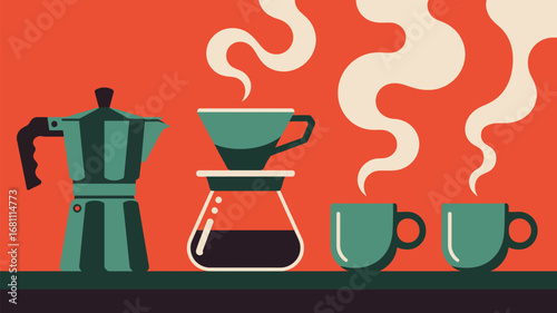 A still life illustration of coffee brewing equipment with steam on an orange background color scheme