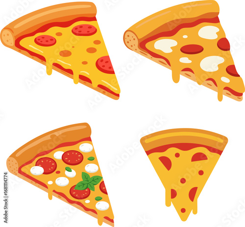 Vibrant illustration featuring a tempting assortment of four delicious pizza slices with rich melted cheese and popular toppings, ideal for culinary designs