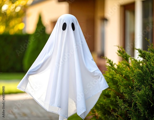White sheet ghost with black eyes stands outside near green bushes Halloween