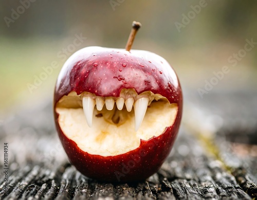 Red apple carved with sharp white teeth resembling a monstrous mouth fruit