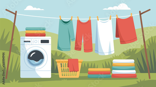 A washing machine with clothes hanging on a line and folded clothes in a yard illustration scene
