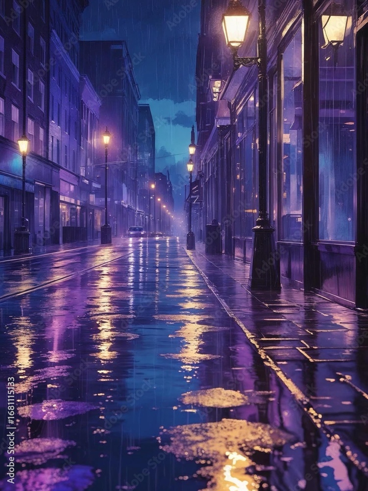 Fototapeta premium City street at night in rain, transformed into watercolour painting, dreamy artistic fusion 