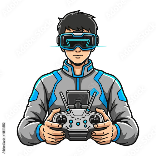 Drone Pilot: Futuristic depiction of a person, wearing VR goggles, gripping a drone controller, immersed in the world of high-tech aviation and drone technology. 