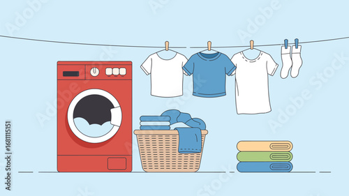 A laundry scene featuring a red washing machine, clothesline, basket, and neatly folded towels on a blue background