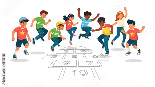 Joyful Hopscotch: A vibrant illustration showcases a group of cheerful children engaged in a lively game of hopscotch, radiating energy and delight in their outdoor adventure.
