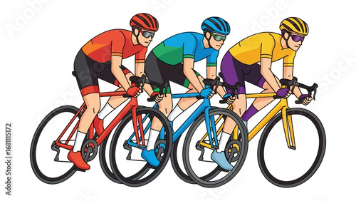 Cycling Race: Three cyclists, representing a spectrum of athletic prowess, fiercely pedal their way across the race, symbolizing competition and the thrill of speed. 