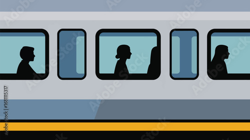 A side view of a train car with passengers visible through the windows in silhouette against blue light