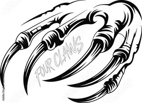 Four claw tattoo design, fierce animal talon illustration, sharp black and white vector, tribal style claws, fantasy beast nails, gothic ink art concept