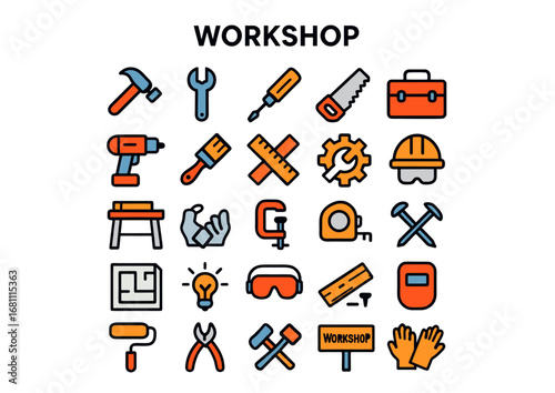 Clean workshop icon set in vector style, featuring tools, gears, and symbols, ideal for presentations, websites, infographics, and digital projects.