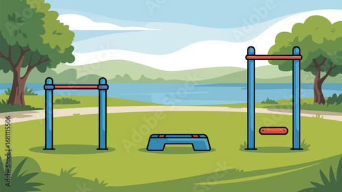 An illustration of an outdoor fitness park with pull up bars and a step platform on green grass