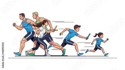 Relay Race Dynamics: A stylized illustration of a relay race, showing runners in dynamic motion, conveying speed, teamwork, and athletic prowess. 